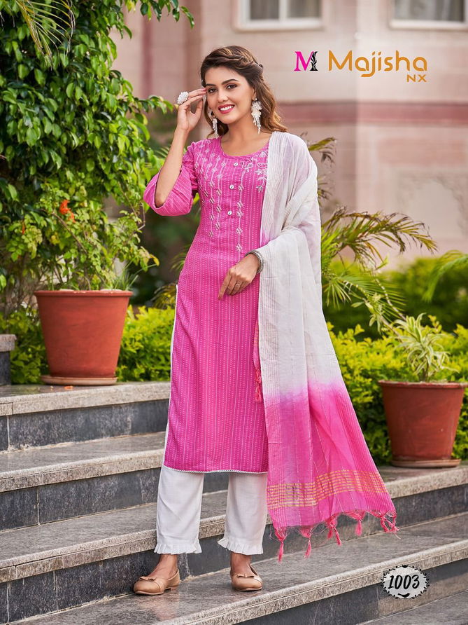 Majisha Nx Alexa Heavy Rayon Fancy Wear Designer Kurti Pant With Dupatta Collection